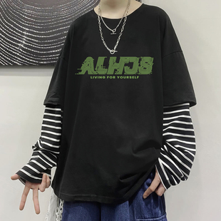 春秋款 假两件男生长袖 t恤男纯棉潮牌嘻哈青少年初中学生上衣小衫