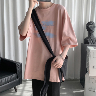 夏季潮牌青少年粉色短袖t恤男高中初中学生上衣服纯棉加肥加大码