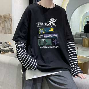 春秋季 假两件青少年男生长袖 t恤男潮流初中高中学生上衣纯棉薄款