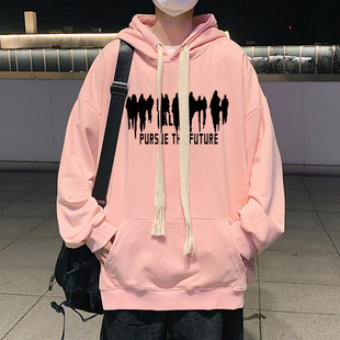 春秋季青少年纯棉连帽卫衣宽松美式男生粉色上衣服外套戴帽子潮牌