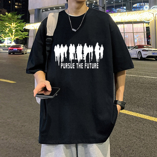 夏天潮牌青少年短袖t恤男士高中初中学生纯棉加肥加大码摇滚嘻哈