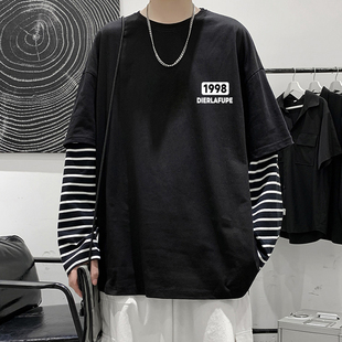 纯棉青少年学生假两件休闲秋装 春秋季 t恤小衫 长袖 上衣服潮牌 男士