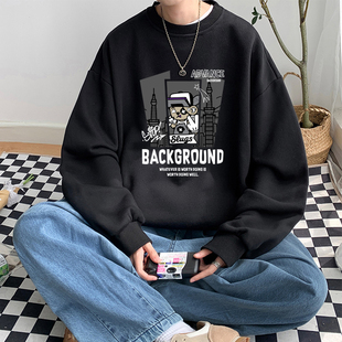 潮牌圆领卫衣外套不带帽春秋薄款男大童青少年初中生宽松大码上衣