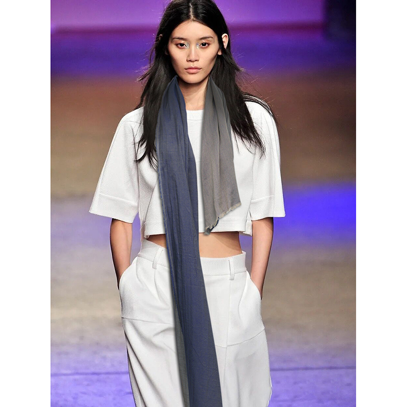 慵懒极简风文艺日系纯棉麻窄版紫罗兰摩卡拼接纯色双层丝巾围巾女