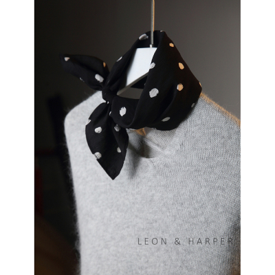 法式浪漫小众高品质铜氨丝麻黑底白色阴影波点小方巾丝巾领巾头巾