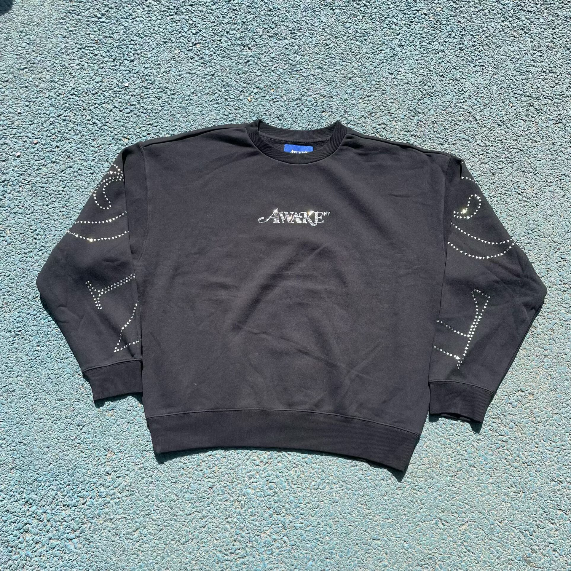 原D新款美式街头潮牌AWKNY刺绣水钻加绒纯棉水洗复古宽松滑板卫衣