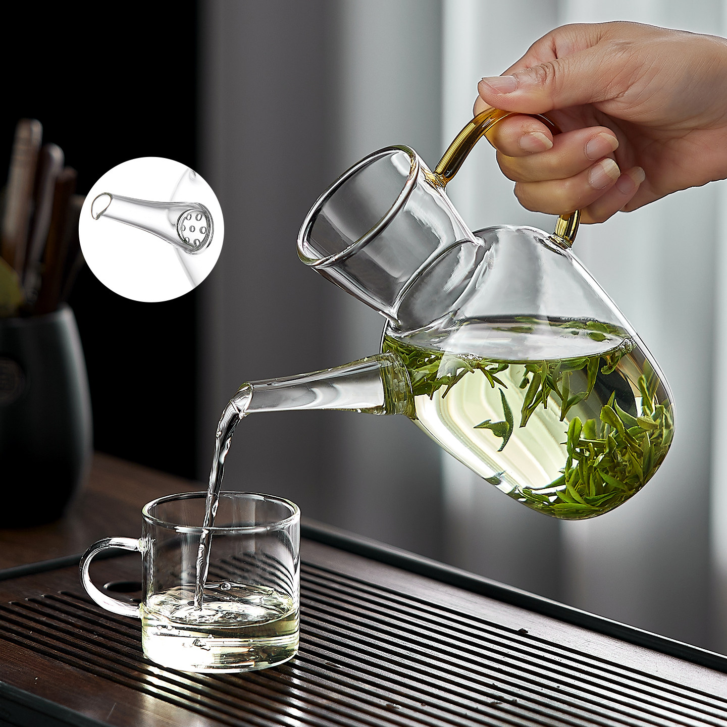 绿茶泡茶器仿宋玻璃执壶耐高温泡茶壶茶水分离家用过滤花茶公道杯 - 实物图