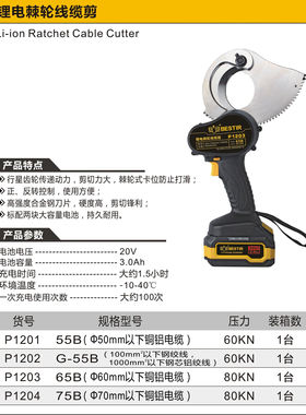 鹰之印 P1203 65B无刷锂电棘轮线缆剪棘轮剪电缆剪铜铝电缆锂电剪