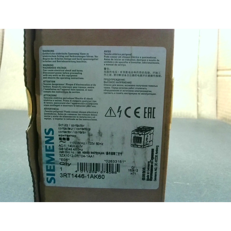 Contactor Siemens 3RT1446-1AK60 120VAC S3, 140A 3P - Nuevo E