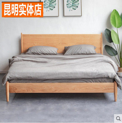白橡木实木床 简约婚床日式北欧原木床 高靠背床双人床圆柱床昆明