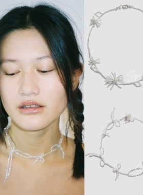 设计师款手工项链小众银色串珠蝴蝶结流苏烟花项ins锁骨链颈链