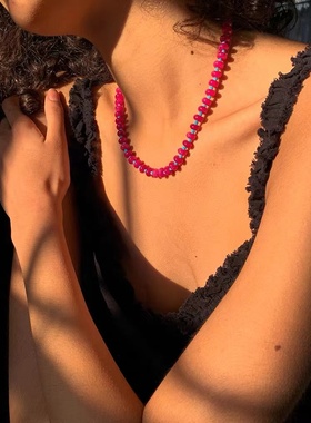 ins欧美复古玫红撞色春夏度假项链热情泡泡糖天然石串珠waki同款