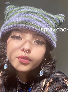 spray.dack自制 ins超火小恶魔角手工毛线帽条纹针织帽尖尖帽痞幼
