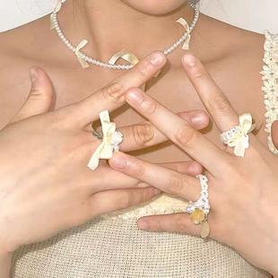 自制 奶油珍珠缎带项链swingset设计师同款珍珠串联系带手链