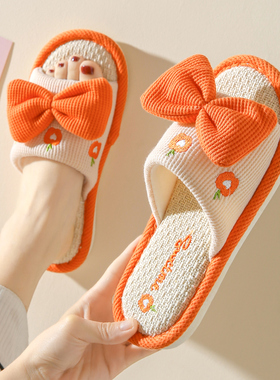 蝴蝶结亚麻布凉拖鞋女士夏季家居卧室内地板静音防滑吸汗脚棉麻料