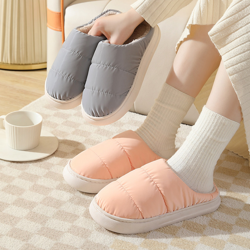 家居鞋女款冬季防滑防水羽绒布棉拖鞋加厚底软底坐月子毛毛鞋秋天