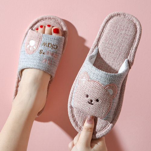 亚麻布可爱卡通熊女凉拖鞋