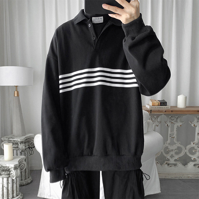 春秋卫衣男士新款条纹潮流韩版休闲翻领外套帅气宽松POLO套头衫潮