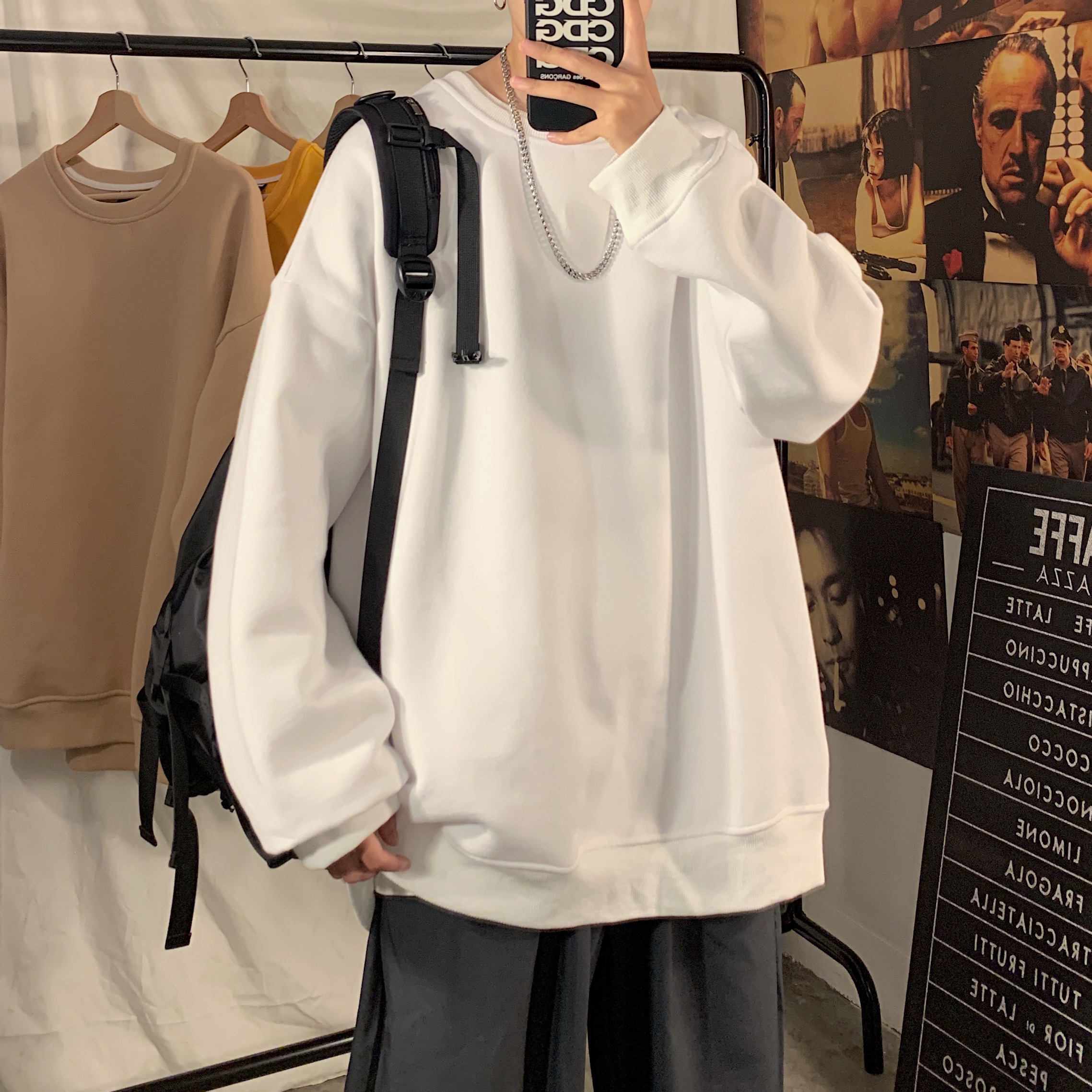 卫衣男纯色加绒加厚百搭宽松休闲圆领外套港风时尚潮流秋季上衣