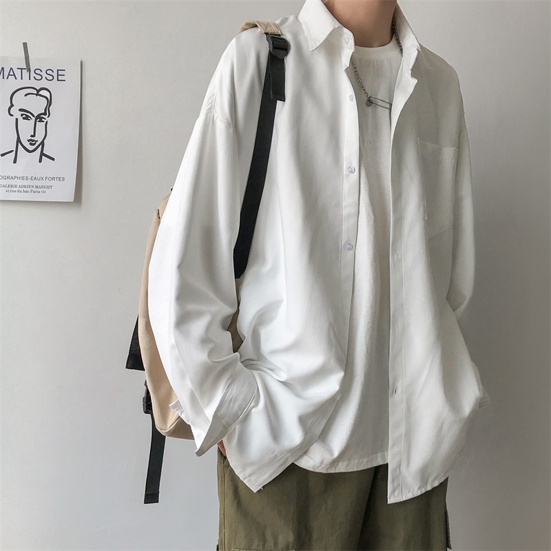 痞帅白衬衫男夏季长袖学生纯色衬衣男士韩版宽松潮流休闲薄款外套