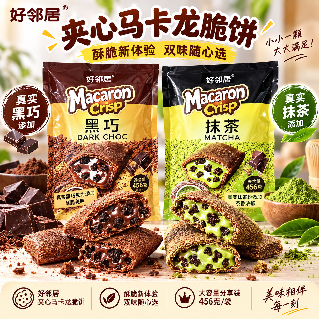 好邻居马卡龙黑巧克力抹茶夹心饼干薄脆单独小包装小零食整箱批发