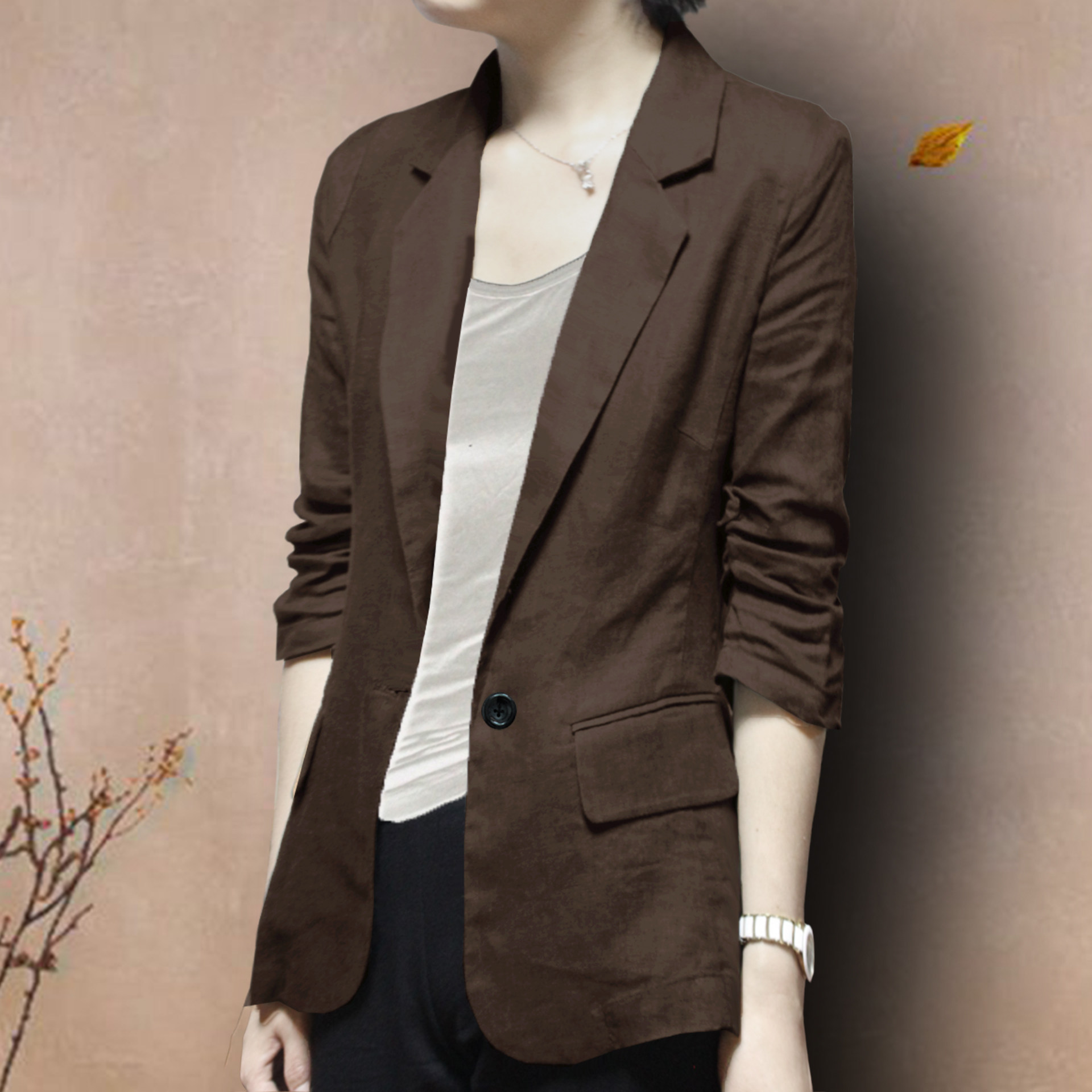 棉麻小西装外套春秋夏季薄款气质棉麻西服七分袖女士大码休闲上衣图片