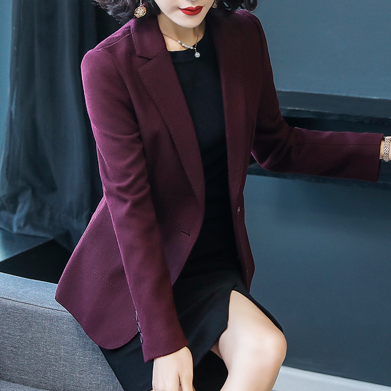2025春秋新款职业修身韩版女士小西服加厚羊毛休闲西装外套酒红色