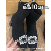 新款 内增高10CM 不累脚绒面水钻扣方头粗跟靴子女2025冬季 短靴