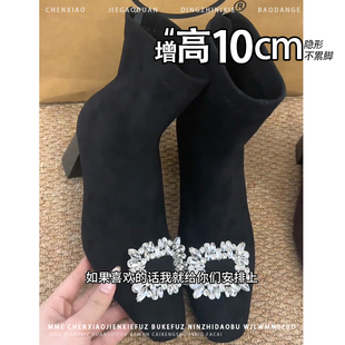 内增高10CM!不累脚绒面水钻扣方头粗跟靴子女2025冬季新款短靴