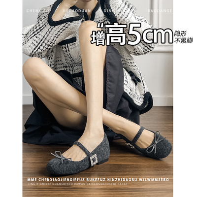 不累脚！内增高5CM蝴蝶结金属扣加绒玛丽珍女鞋2025冬季新款单鞋