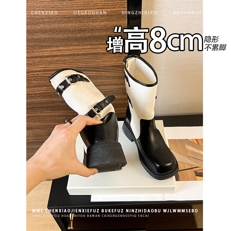 不累脚!隐形内增高8CM黑色方头粗跟靴子2026新款皮带扣中筒靴女