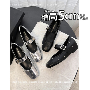 隐形内增高5CM！小个头水钻玛丽珍鞋2026春新款一字扣浅口单鞋女