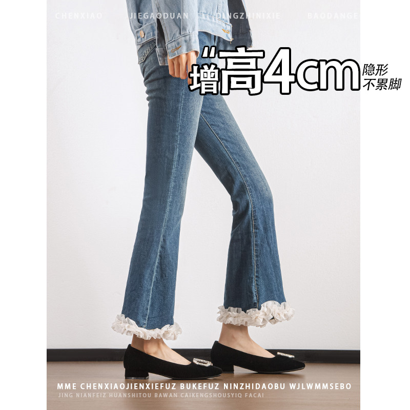 不累脚！内增高4CM绒面水钻扣玛丽珍鞋2026年冬季粗跟浅口单鞋女