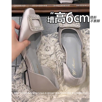 不累脚！内增高6CM法式水钻2025夏新款方头侧空玛丽珍鞋单鞋女