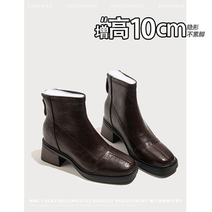 内增高10CM！小个子棕色方头靴子2025秋冬新款后拉链短筒靴女