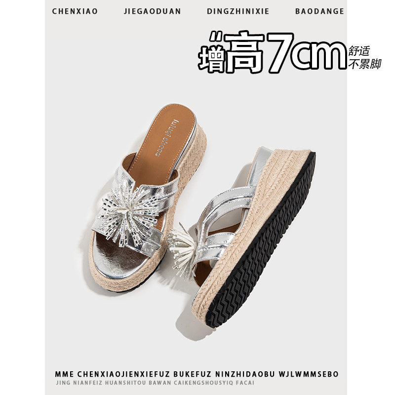 不累脚！增高7CM高跟凉鞋女外穿2026新款松糕厚底鞋坡跟一字拖鞋