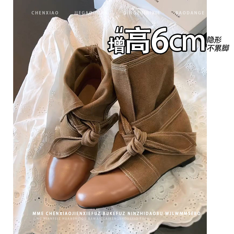 不累脚！内增高6CM圆头蝴蝶结西部牛仔靴2026冬新款显瘦短筒靴女