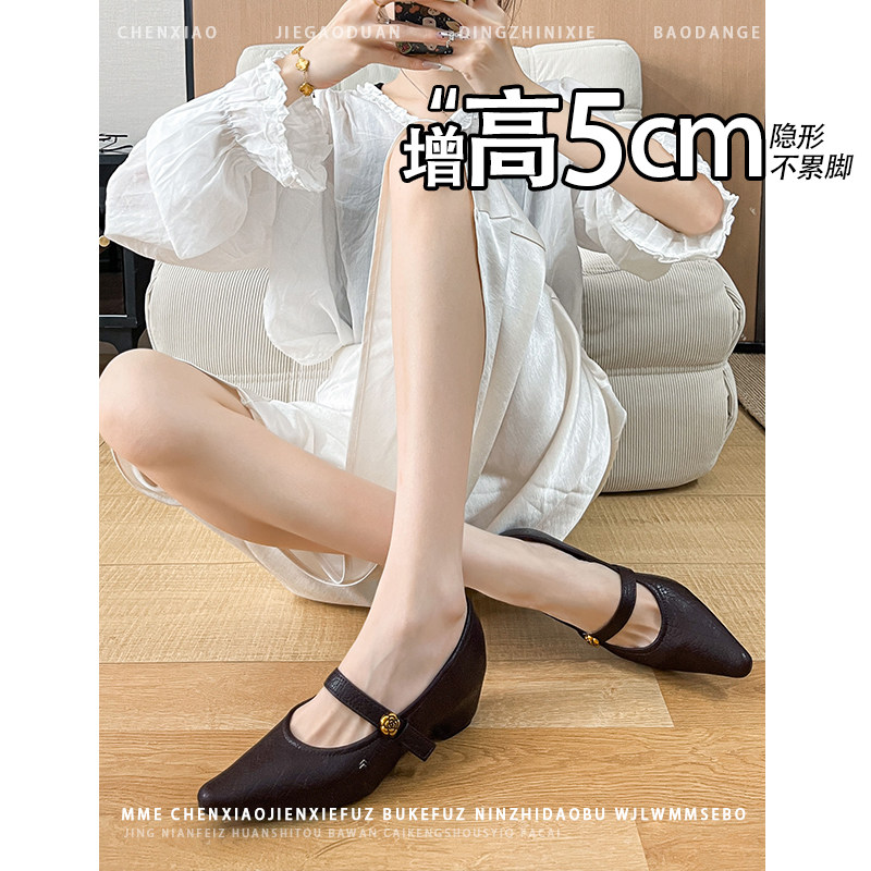 不累脚！隐形内增高5CM玛丽珍鞋2026新款山茶花浅口粗跟单鞋女