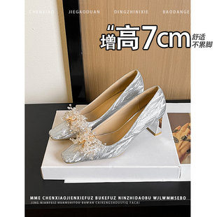 少女高跟鞋 不累脚 蝴蝶结一脚蹬春季 内增高7cm方头浅口单鞋 法式