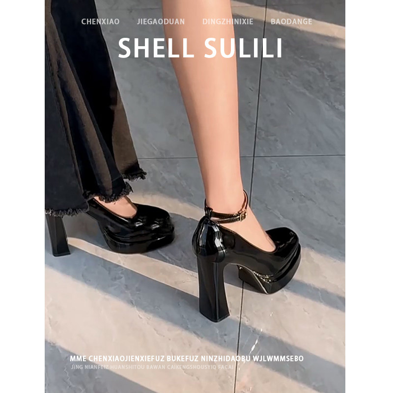 不累脚！防水台厚底小个子增高玛丽珍鞋漆皮黑色高跟鞋气质单鞋女