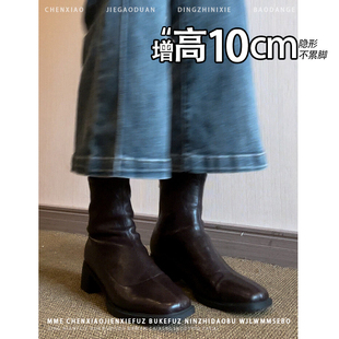 增高10CM!不累脚方头真皮短筒靴子2025冬季新款后拉链粗跟靴子女