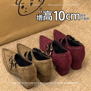 不累脚！小个子内增高10CM玛丽珍鞋2026秋新款尖头浅口粗跟单鞋女