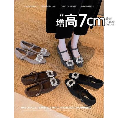 不累脚隐形内增高7CM法式水钻毛毛鞋加绒冬粗跟毛绒玛丽珍鞋女鞋