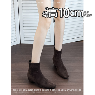 内增高10CM！小个子方头绒面猫跟靴子2025秋冬新款侧拉链短筒靴女