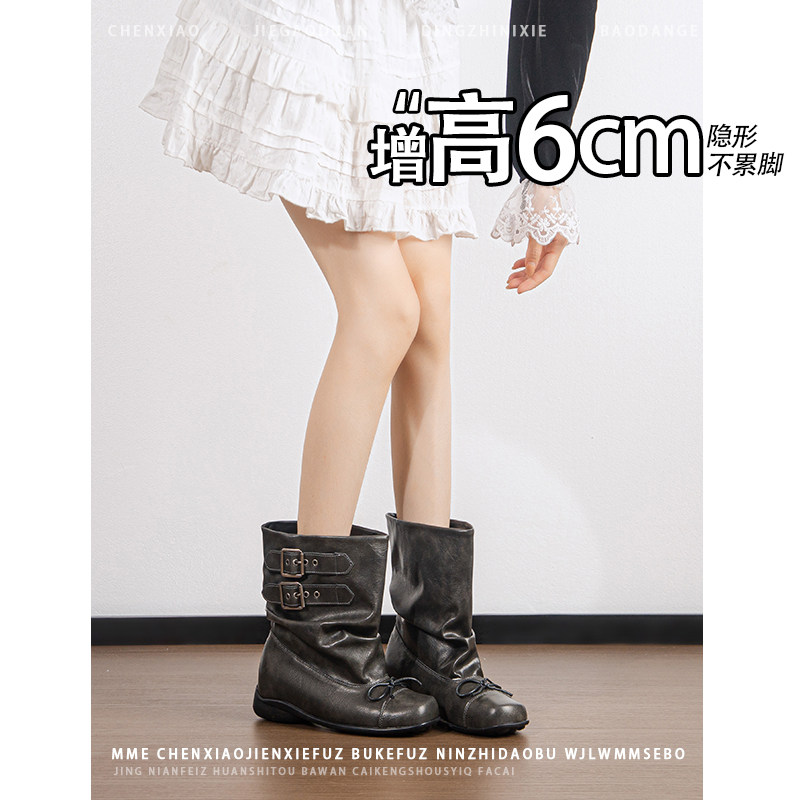 不累脚!内增高6CM做旧复古玛丽珍靴子2026年冬季蝴蝶结短筒靴女