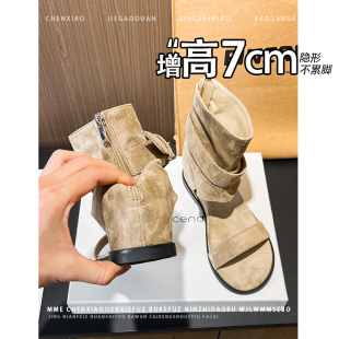 不累脚！内增高7C裤管靴露趾凉靴女2026新款春夏罗马凉鞋小个子