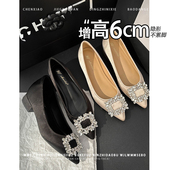 2026春一脚蹬单鞋 隐形内增高6CM 小个子尖头水钻方扣玛丽珍鞋 女