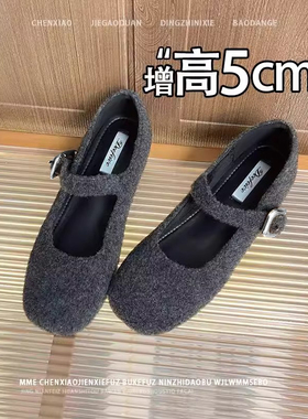 不累脚！小个子内增高5CM灰色复古玛丽珍鞋女2025冬季单鞋女鞋