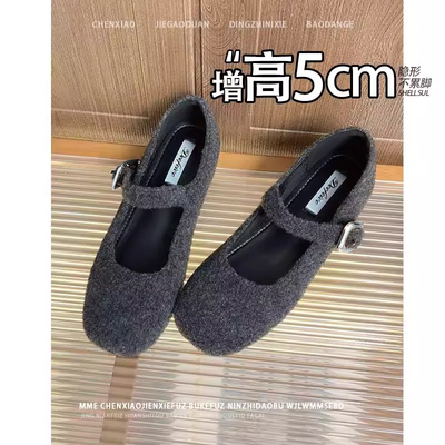 不累脚！小个子内增高5CM灰色复古玛丽珍鞋女2025春夏季单鞋女鞋