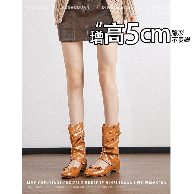 不累脚！内增高5CM圆头蝴蝶结两穿靴子2026年冬季可拆卸短筒靴女